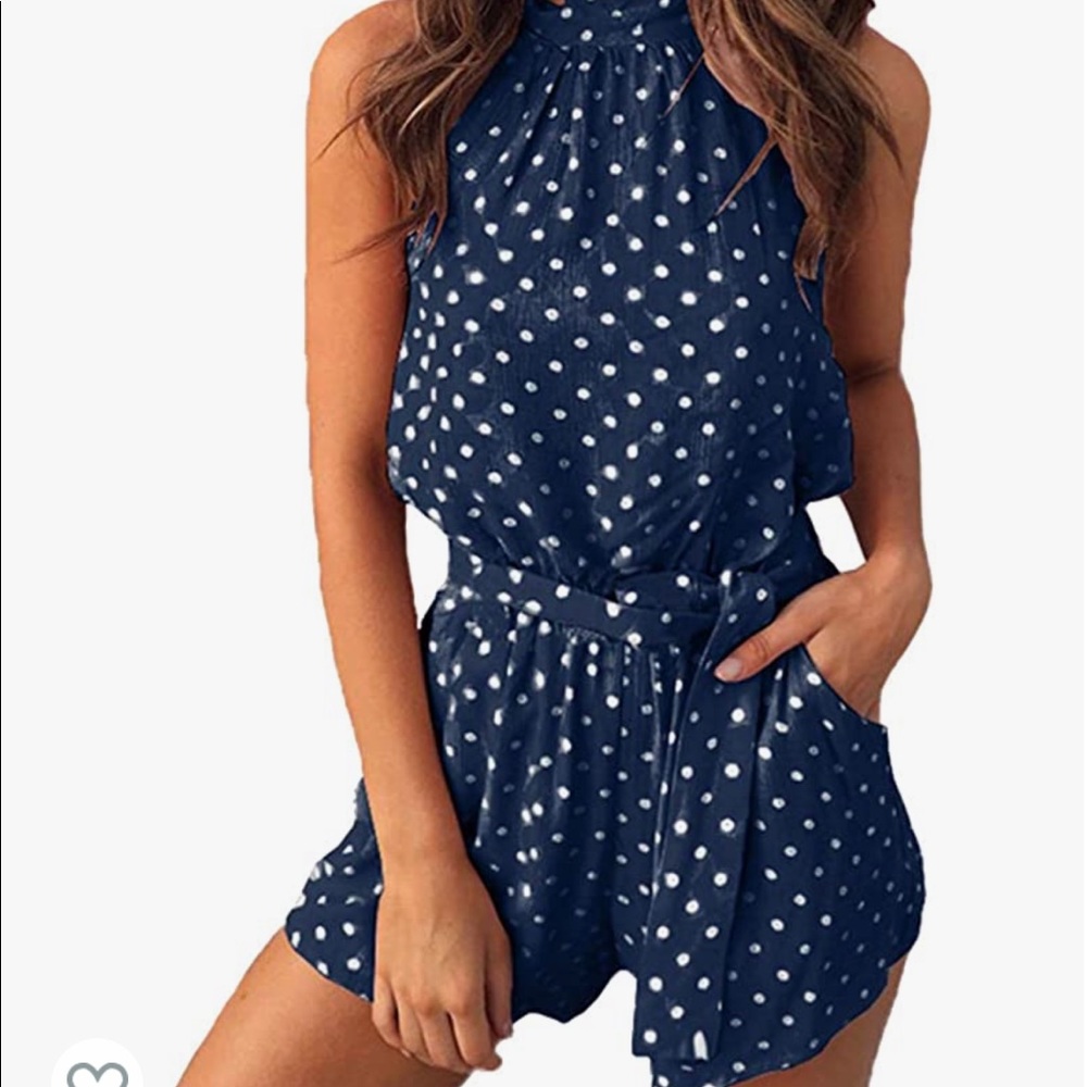 Navy Blue Halter Romper with Polka Dots Size Small - Picture 2 of 6